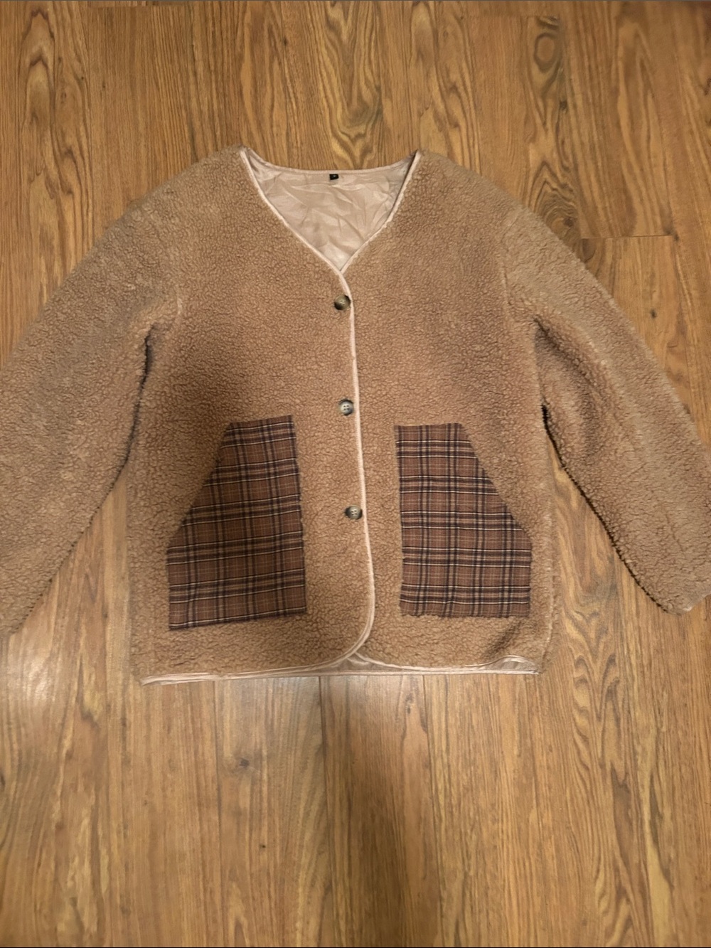 Cozy Teddy Sherpa Jacket with Plaid Pockets